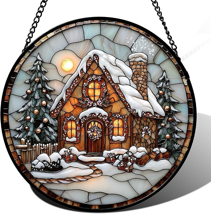 Stained Glass Window Hanging - Christmas Tree Cottage Sun Catcher for Door Garden Home Winter Decor Snowy Night Suncatcher Mother's Day Birthday Gifts for Women Men Mom Nana 7.8 in