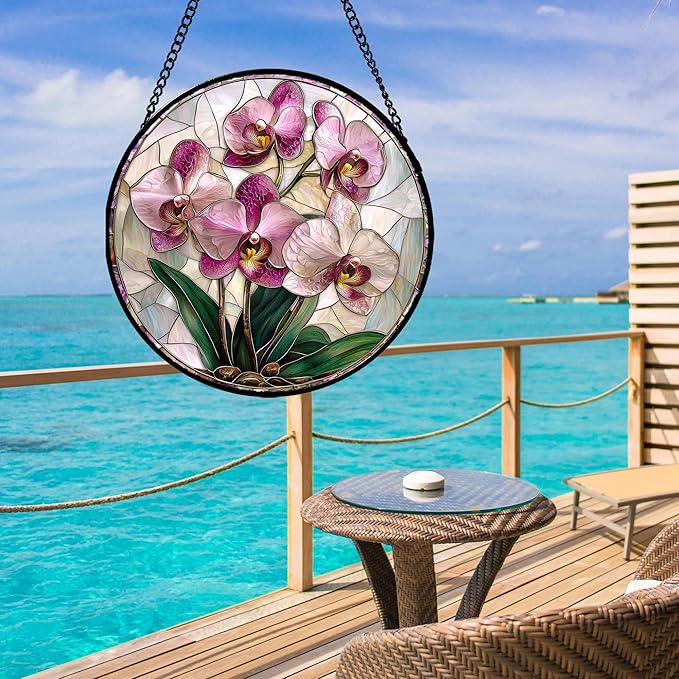 Stained Glass Window Hanging - Pink Purple Phalaenopsis Flowers Sun Catcher for Door Home Decor Plant Suncatcher Christmas Mother's Day Birthday Gifts for Women Men Mom Nana 11.8 in