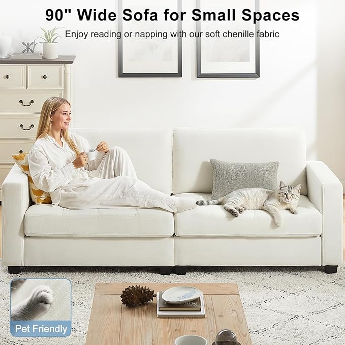 90" Modern Sofa Couches for Living Room, 3 Seater Sofa Tool-Free Setup, Comfy Chenille Couches with Extra Large Seat Width & Depth, Removable Cover, Oversized Loveseat for Small Space, Apartment