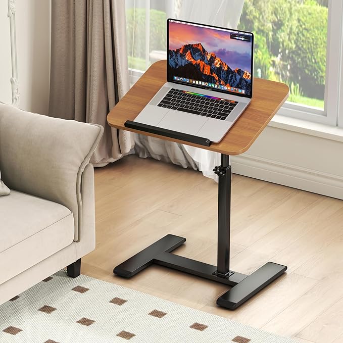 Adjustable Height C Shaped Side Table,360°Swivel Overbed Table,Top Tilting Laptop Stand Table with Hidden Wheels,Mobile Couch End Tables that Slide under,Rolling TV Coffee Table for Sofa/Bed (wood)
