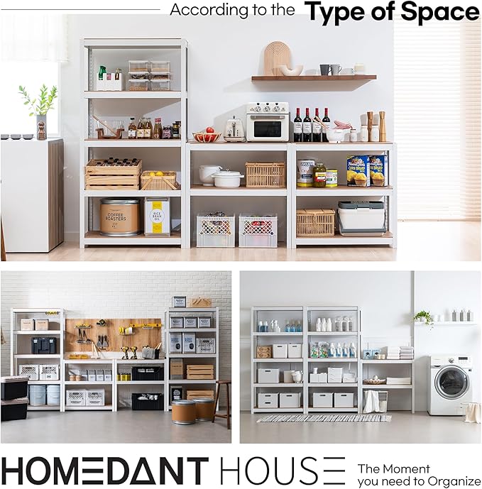 HOMEDANT House 5 Tier Laminated Metal Shelving Unit Adjustable Storage Utility Rack Heavy Duty Shelves Organization Multipurpose Shelf Kitchen Garage Pantry Closet (1, (M) 36.2" W, White)