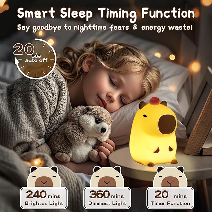 Capybara Lamp,Cute Capibara Night Light, LED Squishy Novelty Animal Lamp,Dimmable Soft Silicone Nursery Nightlight for Kids, Rechargeable Bedroom Touch Lamp, Dorm Decor, Baby Boys Girls Gift