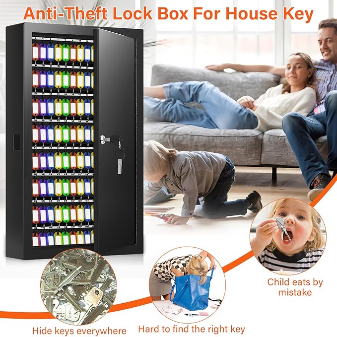 200 Keys Key Cabinet, Anti-Theft Key Lock Box with Key Tags, Adjustable Key Organizer Wall Safe for Car Office House Garage Rental Business