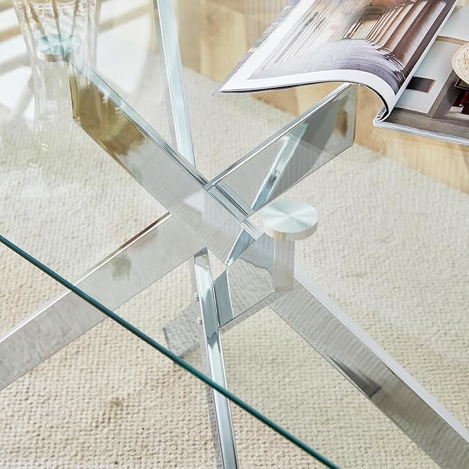 HomVent 51.18" Rectangular Clear Tempered Glass Dining Table,Stylish Design with Silver Metal Legs, Dining Table for Dining Room