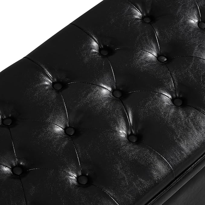 mikibama PU Leather Storage Bench for Bedroom End of Bed,45" Long Tufted Bed Bench with Storage,Modern Mid Century Storage Ottoman Bench for Window,Entryway,Living Room Solid Wood Legs (Black PU 45")