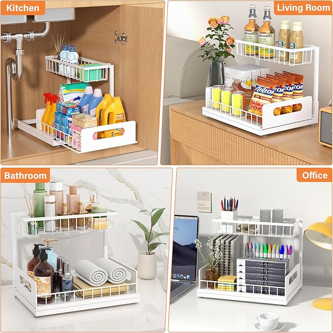 Under Sink Organizer, 2 Tier Pull Out Cabinet Organizer,Slide out Metal Cabinet Organizers Multi-Purpose Drawer Shelf for Kitchen Bathroom Pantry Cabinet Closet Organization Rack,White 1 Pack