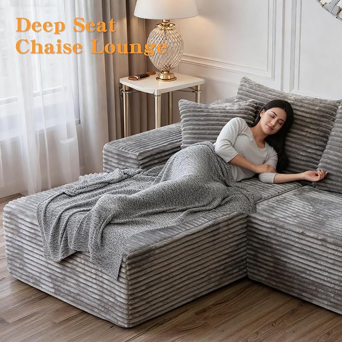 106'' Boneless Couches for Living Room, L Shaped Modular Sectional Sofa with Chaise Lounge, Faux Rabbit Fur & Layered Cushion Deep Seat Cloud Couch, No Assembly (Light Coffee, Left Facing Chaise)