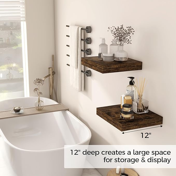 Fun Memories 12 Inch Floating Shelf, Rustic Wood Wall Shelves for Wall Decor & Storage, 12 x 12 Floating Shelf for Living Room, Bathroom, Bedroom, Rustic Brown, Set of 2