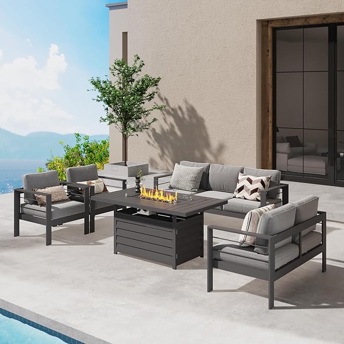 Wisteria Lane 7 Seats Aluminum Outdoor Patio Furniture Set with 54 Inch Propane Gas Fire Pit Table, Modern Patio Conversation Sets with Outdoor Sectional Couch for Backyard, Garden, Dark Grey