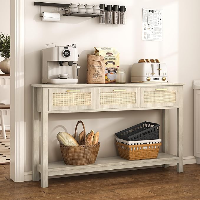 ELYKEN Rattan 51.2" Console Table with 3 Drawer, Entryway Table with Drawer & Shelf, Boho Sofa Table Behind Couch Foyer for Living Room, Hallway, Natural Wood