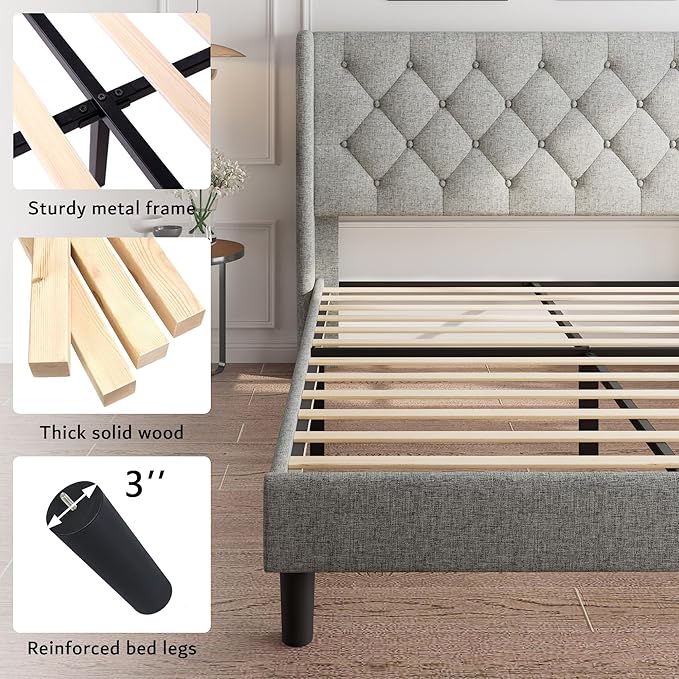 iPormis Queen Size Platform Bed Frame with Button Tufted Headboard, Upholstered Bed Frame with Solid Wooden Slats, 8" Underbed Space, No Box Spring Needed, Noise Free, Easy Assembly, Light Gray