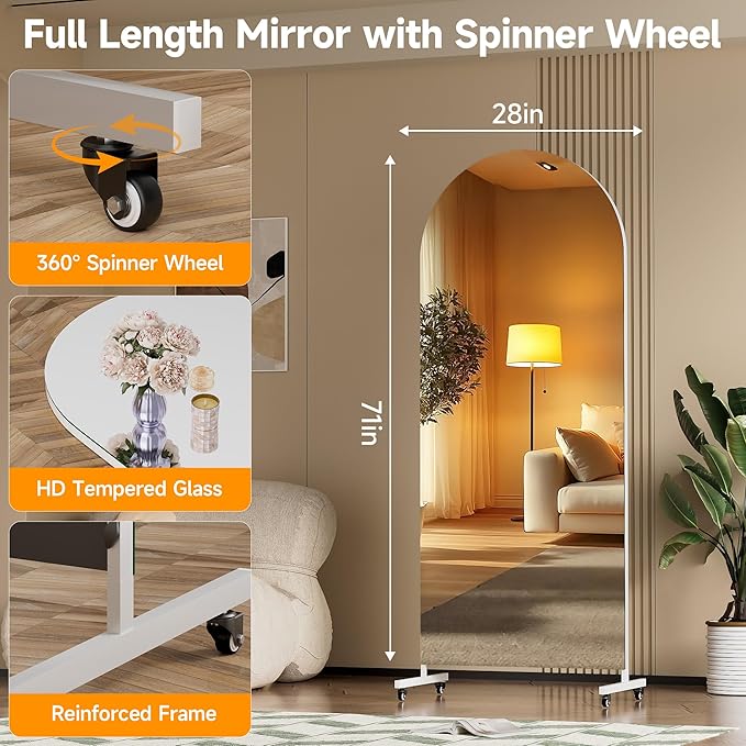 Hasipu 71" x 28" Arched Rolling Home Gym Mirror with Wheels, 360° Swivel Body Mirror with HD Tempered Glass, Large Floor Mirror for Yoga Room, Dance Studio, Bedroom & Home Gym