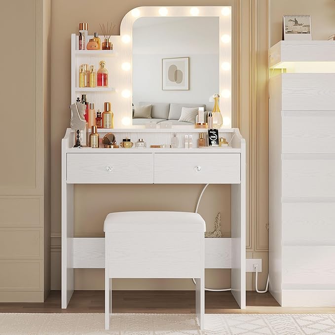 LIKIMIO Vanity Desk with Mirror and Lights, Makeup Vanity Table Set with Storage Stool, Makeup Drawer Organizer, 3 Color Modes Adjustable Bulb, Power Outlet, White Vanity for Bedroom