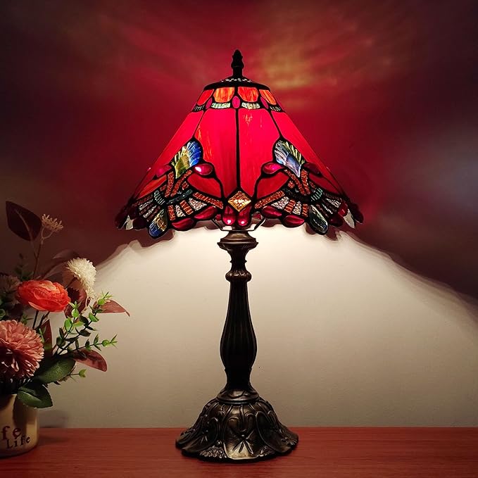 Tiffany Table Lamp Red Baroque Style Stained Glass Lamp 12X12X19 Inch Antique Lamp for Office Home Bedroom Living Include 3-Color LED Bulb