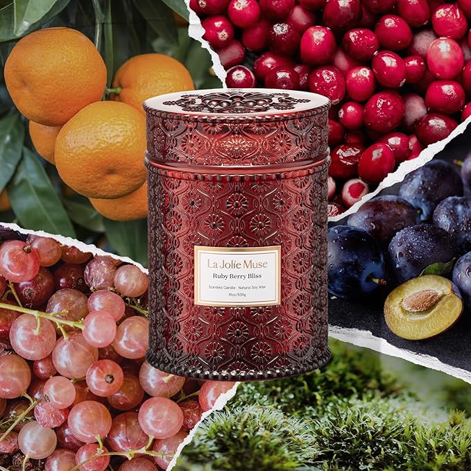 LA JOLIE MUSE Christmas Candle | Ruby Berry Bliss | Mandarin, Cranberry & Plum | 19 oz Soy Candle with Wooden Wick | 90-Hour Clean Burn | Holiday Winter Gift | Cozy Home Decor