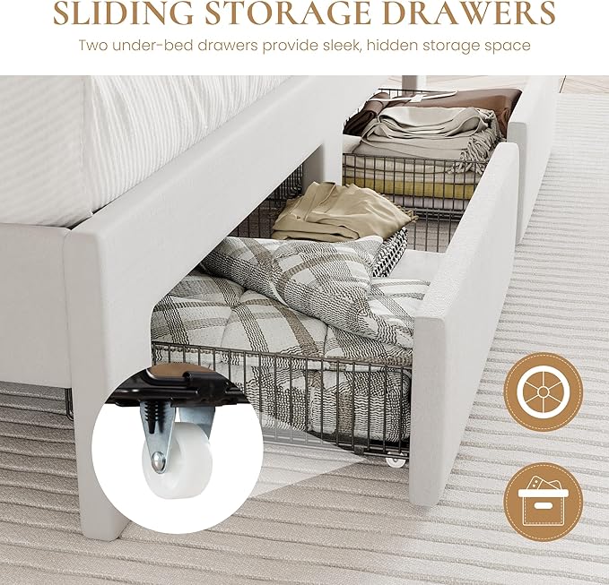 SHA CERLIN Velvet King Size Bed Frame with Vertical Channel Tufted Wingback Headboard & 2 Storage Drawers/2-Tier Shelves with LED Lights & Charging Station/Noise-Free/No Box Spring Needed/White