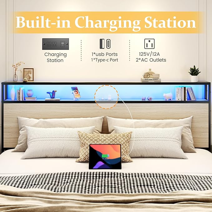 Lifezone King Bed Frame with 2-Tier Storage Headboard, Metal Platform Bed Frame with 4 Storage Drawers, Built in Charging Station & LED, Noise-Free/Metal Support/No Box Spring Needed, Beige