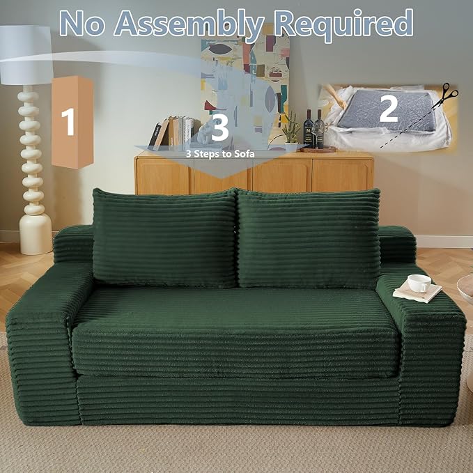 70.87" Loveseat Sofa Bed - Corduroy Upholstered, Comfy Deep Seat & Modern Design - Small Space Friendly, No Assembly Needed - Ideal for Living Room, Bedroom, Apartment, Home Office, Green