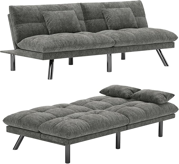 Futon Sofa Bed Convertible 70 inch Solid Wood Couch for Living Room, Chenille Fabric, 2 Cushions (Dark Gray)