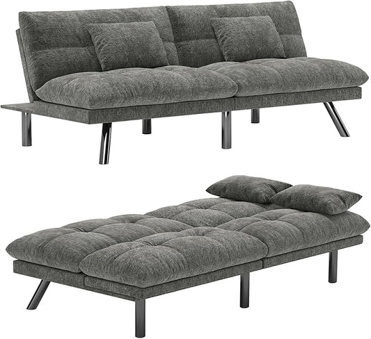 Futon Sofa Bed Convertible 70 inch Solid Wood Couch for Living Room, Chenille Fabric, 2 Cushions (Dark Gray)