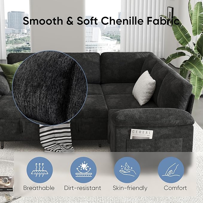 100" Modular Sectional Sleeper Sofa with Pull Out Bed,U Shaped 7 Seat Sectional Sofa with Storage,Modular Couch for Living Room,Deep Seat Couch with Removable Sofa Cover,Black