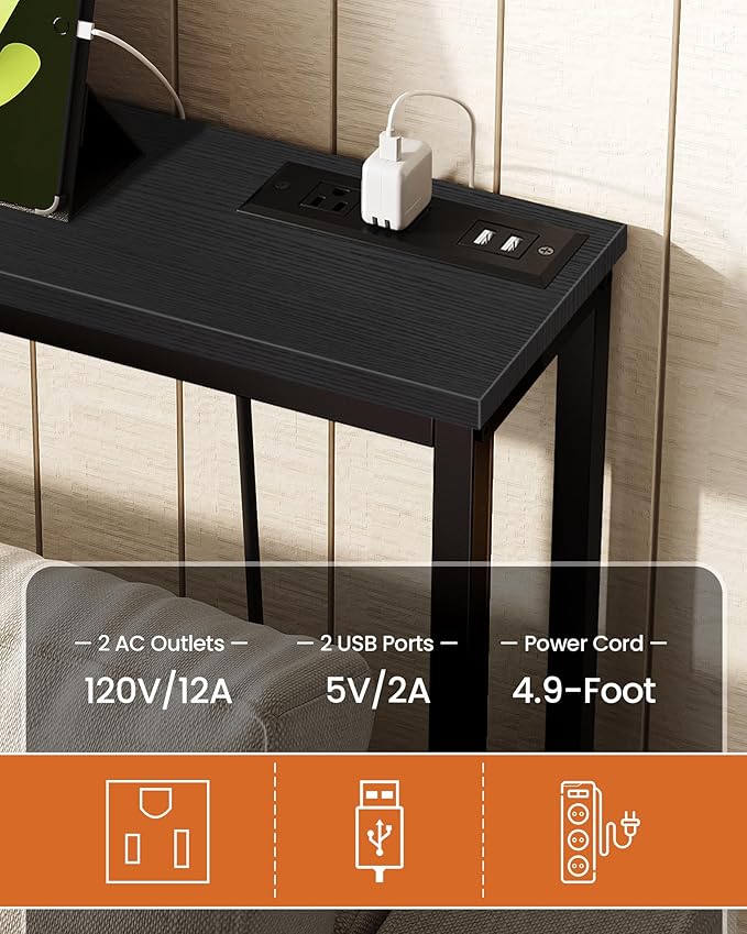 70.9" Narrow Console Table with Power Outlet 7.1" Skinny Sofa Table, Long Behind Couch with Charging Station for Hallway, Living Room Black TXG18UBB