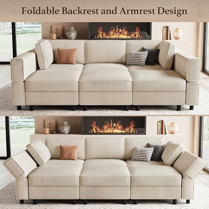 88.6" Modular Sectional Sofa with Deep Storage Seat,6 Seat Corduroy Sectional Couch Convertible Modular Sleeper Sofa Couch with Movable Ottoman Chaise,Sectional Couches for Living Room,Beige