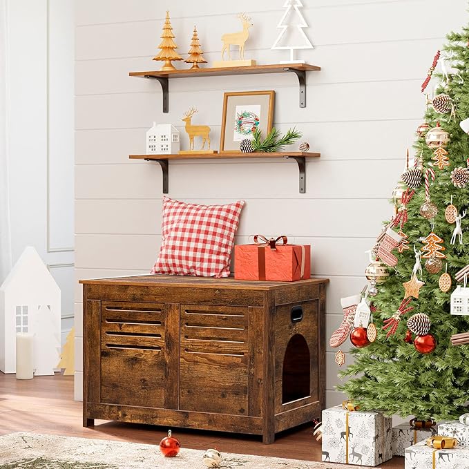 DINZI LVJ Long Wall Shelves, 31.5Inch Wall Mounted Shelves Set of 4, Extra Large Floating Storage Ledges with Sturdy Metal Brackets for Living Room, Bathroom, Bedroom, Kitchen, Rustic Brown