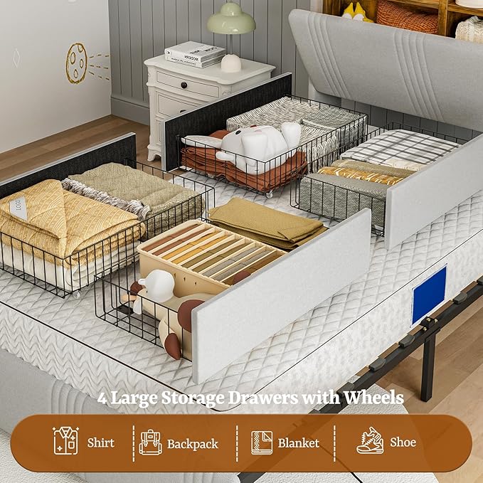 IKIFLY Twin XL Bed Frames with Hidden Storage Headboard & 4 Drawers, 49.2” Tall Upholstered Wingback Headboard with LED Lights and Charging Station, No Box Spring Needed, Solid Wood Slats, Light Grey