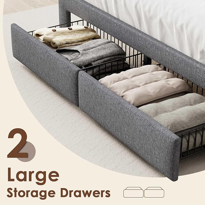 LED Queen Bed Frame with 2 Storage Drawers, Upholstered Bed Frame Queen Size with Headboard and Charging Station, No Box Spring Needed, Easy to Assembly-Light Grey