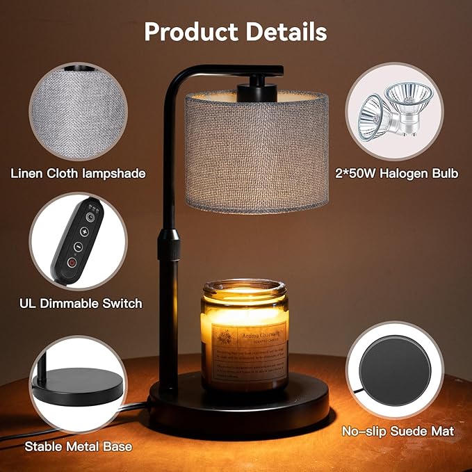 Dexnump Candle Warmer Lamp with Timer, Dimmable Candle Wax Warmer with 2 Light Bulbs, Height Adjustable Electric Candle Light for All Size Scented Candles, Home Room Decor, Gifts for Women Mom