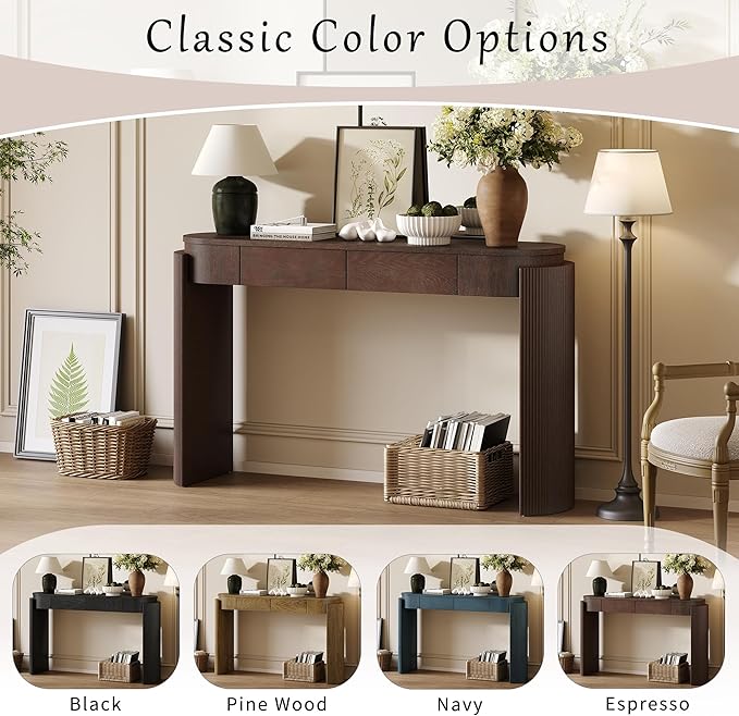 55.1" Entryway Narrow Console Table with Drawers, Oval Top & Fluted Legs, Natural Wood Grain Sofa Table for Hallway, Foyer, Behind Couch, Accent Table for Living Room, Solid Wood + MDF (Espresso)