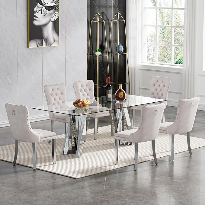 7 Piece Dining Table Set with 6 Beige Dining Chairs, Modern Glass Kitchen Table and Chairs Set for 6, 70" Rectangle Silver Glass Pedestal Dining Room Tables with Flash-Shape Stainless Steel Base