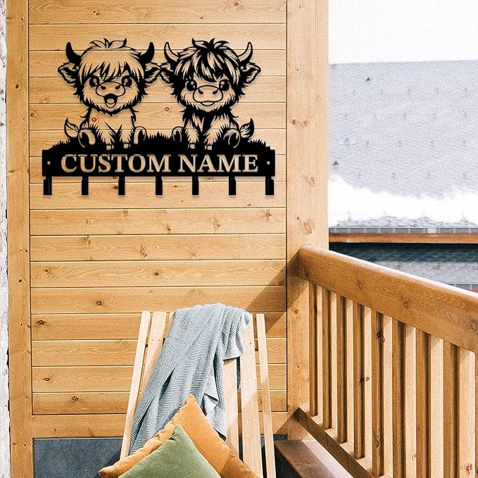 Personalized Highland Cow Metal Keys Hooks,Custom Name Metal Highland Cow Keys Hooks,Black Metal Highland Cow Wall Home Storage Decorative Keys Hooks,Key Holder Hooks for Wall (Style B)