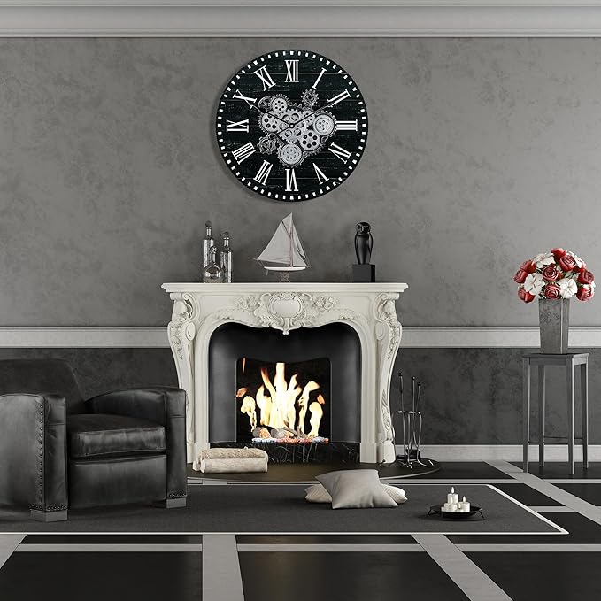 Lafocuse 23 Inch Wooden Large Wall Clock with Moving Gears, Roman Numeral, Black, Unisex