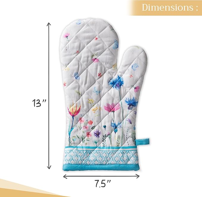 Maison d' Hermine Oven Gloves 100% Cotton Oven Mitt 7" x 13" with Loop Heat Resistant, BBQ, Cooking Gloves, Baking, Grilling, Kitchen, Handling Hot Pans Spring/Summer (Pack of 1, Flower in The Field)