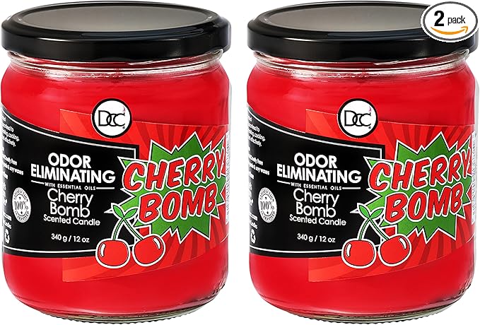 Cherry Bomb Two Pack Odor Eliminating Highly Fragranced Candle - Eliminates 95% of Pet, Smoke, Food, and Other Smells Quickly - Up to 80 Hour Burn time - 12 Ounce Premium Soy Blend