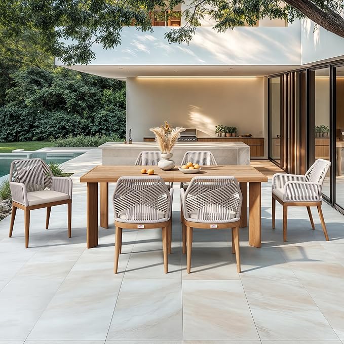 PURPLE LEAF 7 Pieces Patio Dining Set Aluminum Rectangular Table and Rattan Arm Chairs with Cushions for Kitchen Porch Garden Modern Outdoor Furniture Sets