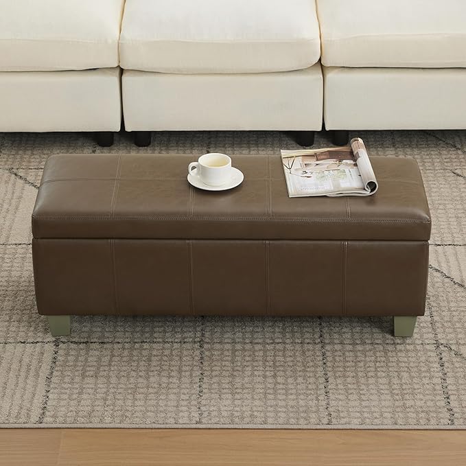 41" Faux Leather Storage Ottoman, Stitch Tufted Rectangle Upholstered End of Bed Storage Bench, Entryway Large Couch Ottoman with Wooden Legs, Coffee