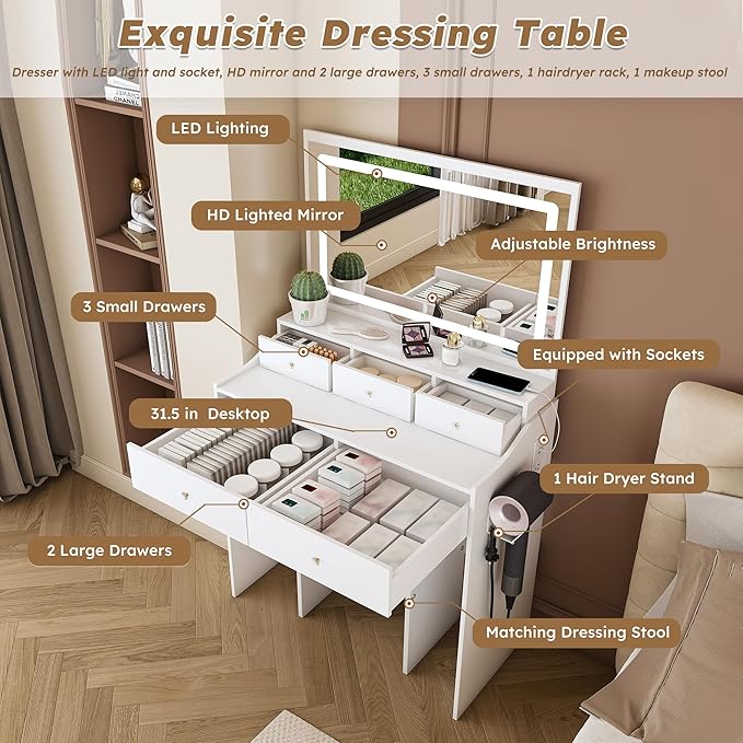 Ball & Cast Vanity Desk with Large Mirror & Power Outlet,3 Dimmable Colors Light Makeup Vanity Table Set with 5 Drawers & Chair,Adjustable Brightness Dressing Table for Women Girls Bedroom,White