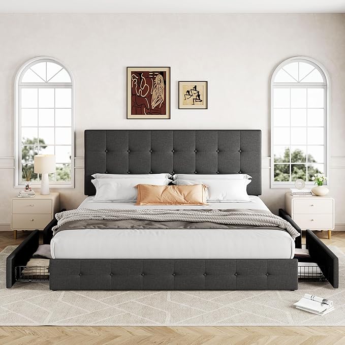 Allewie Upholstered King Size Platform Bed Frame with 4 Storage Drawers and Headboard, Square Stitched Button Tufted, Mattress Foundation with Wooden Slats Support, No Box Spring Needed, Dark Grey
