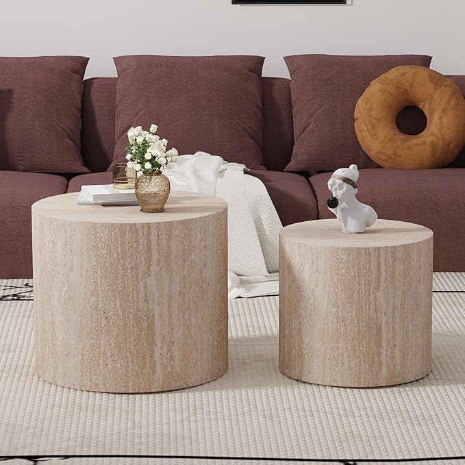 Nesting Coffee Table Set of 2 Modern Round Coffee Table with Non-Slip Feet, Wooden Circle Accent Tables Contemporary Drum Side Table End Table for Living Room Bedroom (Travertine)