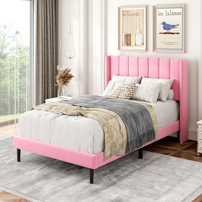 Twin Size Bed Frames with Wingback Headboard Easy Assemnly Platform Bedframe, Sturdy Wooden Slat Support No Box Spring Needed, Pink Velvet
