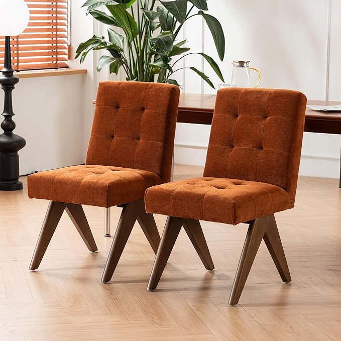 Rowill Modern Upholstered Dining Chairs Parsons Chair Linen Fabric Kitchen Chairs Tufted Armless Dining Room Chairs with Wood Legs Set of 2, Burnt Orange