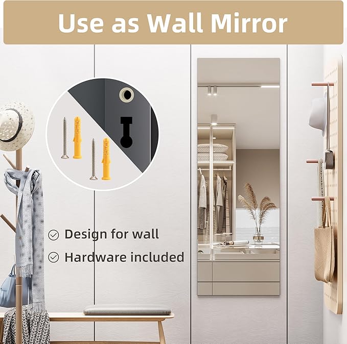 Hasipu Door Mirror Full Length, 47"x 15.8" Full Body Over The Door Hanging Wall Mounted Mirror for Bedroom, Living Room, Cloakroom, Square Black