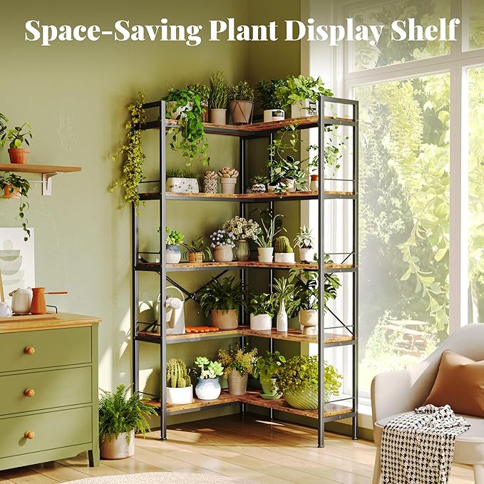 Huuger 5 Tier Bookshelf, L Shaped Corner Bookshelf with 10 Open Shelves, 49.4 Inch Straight Wide Bookcase with Metal Frame and Wooden Board, Adjustable Feet, Rustic Brown