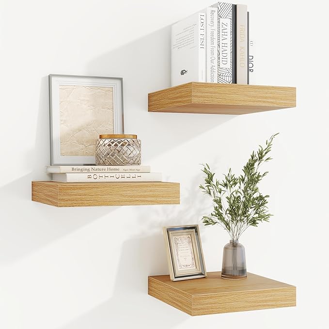 fuqing Floating Shelves for Wall, Wall Mounted Wood Floating Shelf with Invisible Brackets for Living Room, Bathroom, Bedroom, Kitchen Storage and Decor,6.5 Inch Set of 3, Oak