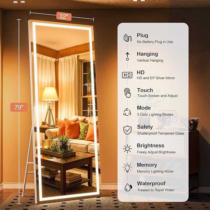 Full Length Mirror with Lights, 79" x 32" Large LED Lighted Floor Standing Body Mirror, Dimmable & 3 Color Lighting for Bedroom, Cloakroom, Dressing Room, Leaning & Hanging, Square Black