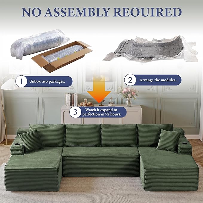 133" Couches for Living Room Deep-Seat Sectional Couch for Living Room Corduroy Boneless Couchs U-Shape Cloud Couch Flexible Modular Sectional Sofa with Chaise Lounge (Green, with Cup Holder)