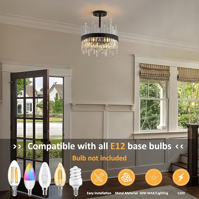 Black Semi Flush Mount Ceiling Light Fixture, Foyer Kitchen Lighting Fixtures Ceiling Modern Hallway Light Fixtures Ceiling Mount Lights for Bedroom, Bathroom, Laundry Room, Entryway, Hallway